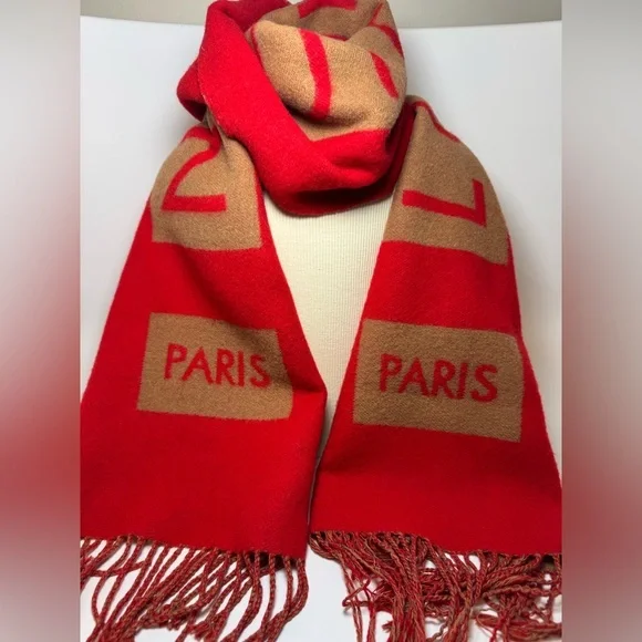 SOLD Louis Vuitton Red & Camel Double Sided 100% Cashmere Winter Scarf Luxury - Picture 1 of 15